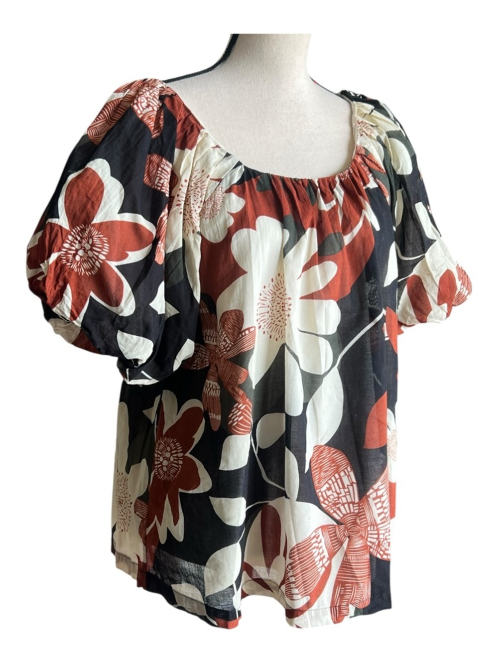 Umgee Black & Rust Floral Puff Sleeve Blouse Size M - Picture 11 of 11